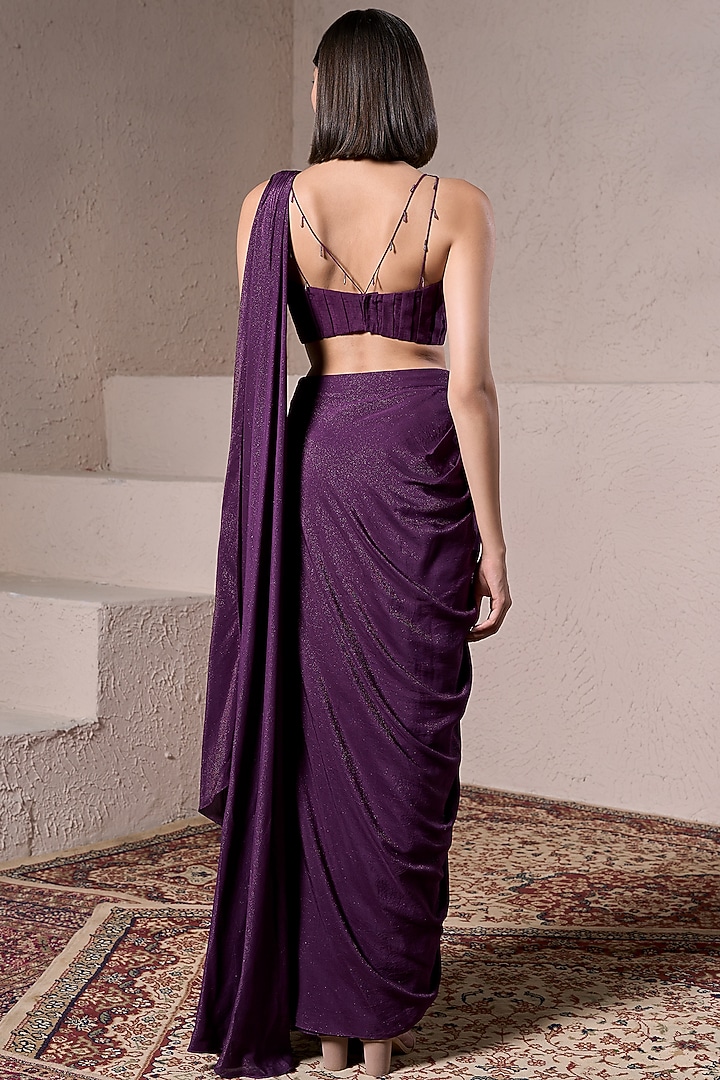 Purple Shimmer Satin Pre-Draped Wedding Saree Set by Parshya at Pernia's Pop Up Shop