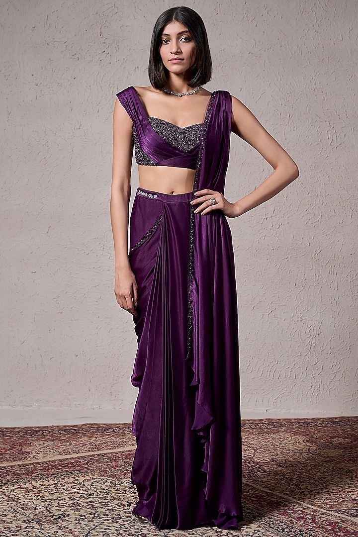 Purple Georgette Satin Hand Embellished Pre-Draped Saree Set by Parshya