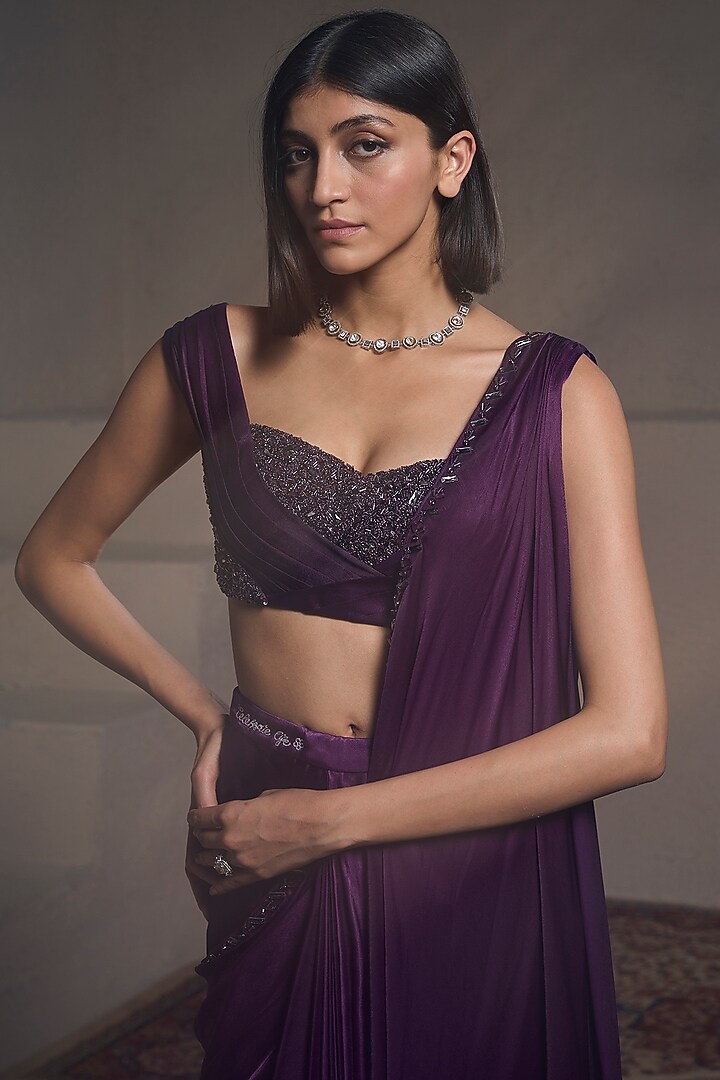 Purple Georgette Satin Hand Embellished Pre-Draped Wedding Saree Set by Parshya at Pernia's Pop Up Shop