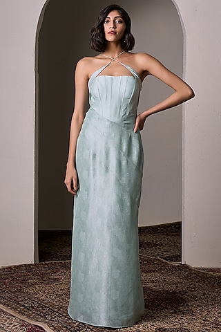 Mint Jacquard & Flat Silk Gown by Parshya