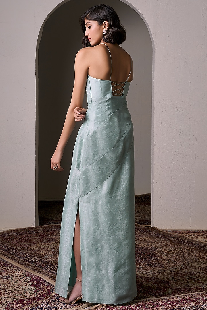 Mint Jacquard & Flat Silk Party Wear Gown by Parshya at Pernia's Pop Up Shop