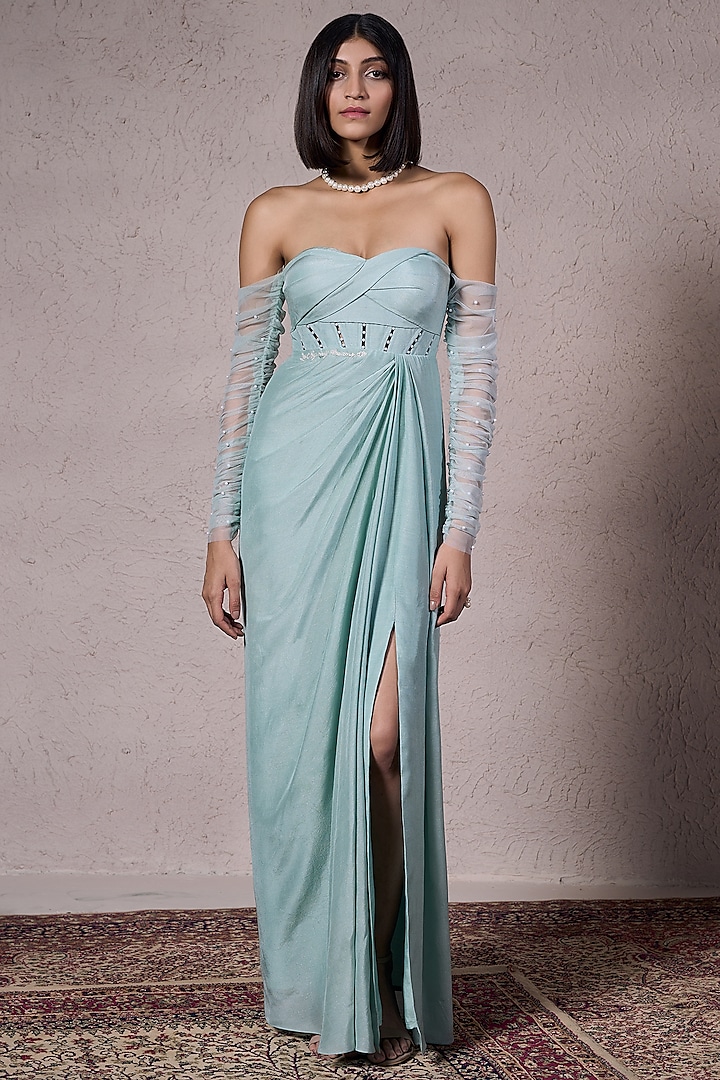 Mint Shimmer Satin & Flat Silk Hand Embellished Gown by Parshya