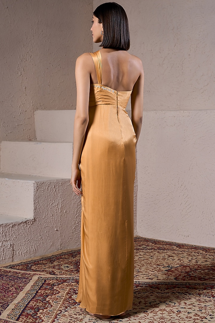 Mango Yellow Georgette Satin One-Shoulder Party Wear Gown by Parshya at Pernia's Pop Up Shop