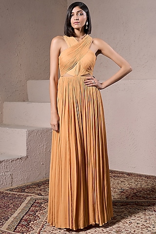 Mango Yellow Chinon Chiffon Hand Embellished Gown by Parshya