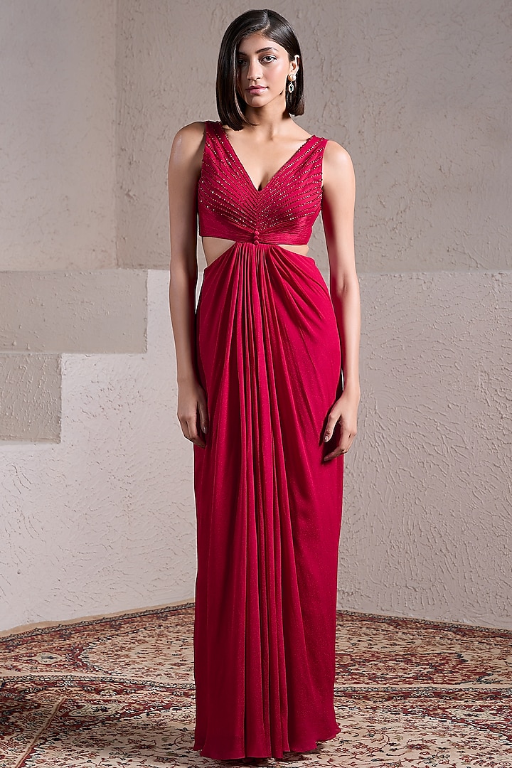 Red Crepe Georgette Hand Embellished Gown by Parshya