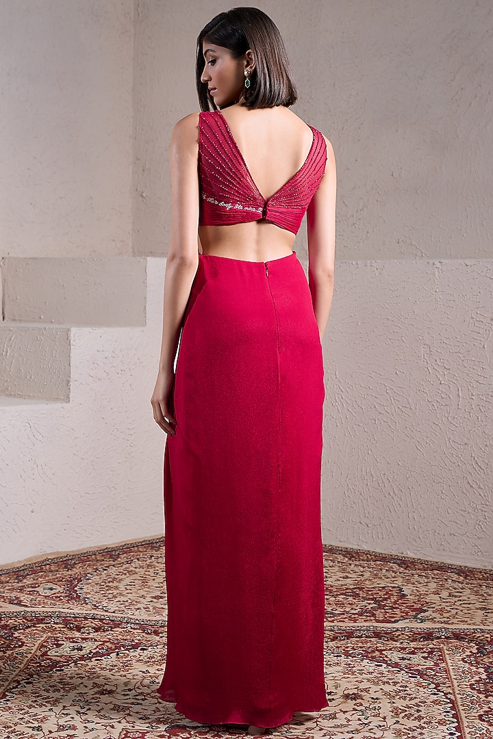 Red Crepe Georgette Hand Embellished Engagement Gown by Parshya at Pernia's Pop Up Shop