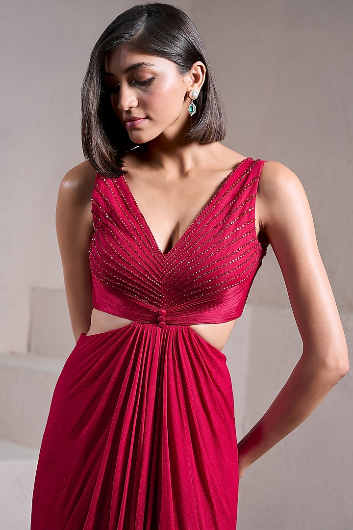 Red Crepe Georgette Hand Embellished Engagement Gown by Parshya at Pernia's Pop Up Shop