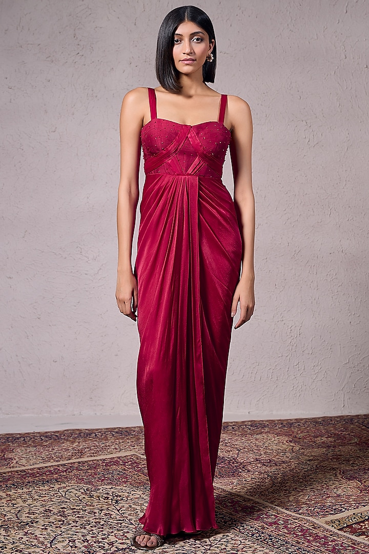 Red Georgette Satin & Flat Silk Hand Embellished Gown by Parshya