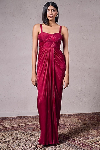 Red Georgette Satin & Flat Silk Hand Embellished Gown by Parshya