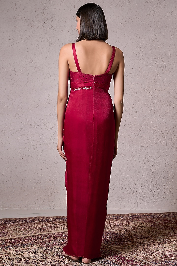 Red Georgette Satin & Flat Silk Hand Embellished Engagement Gown by Parshya at Pernia's Pop Up Shop