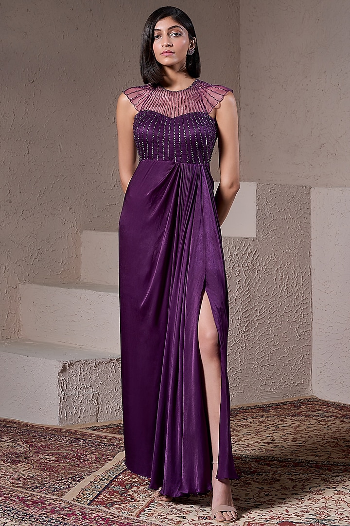 Purple Georgette Satin Hand Embellished Gown by Parshya