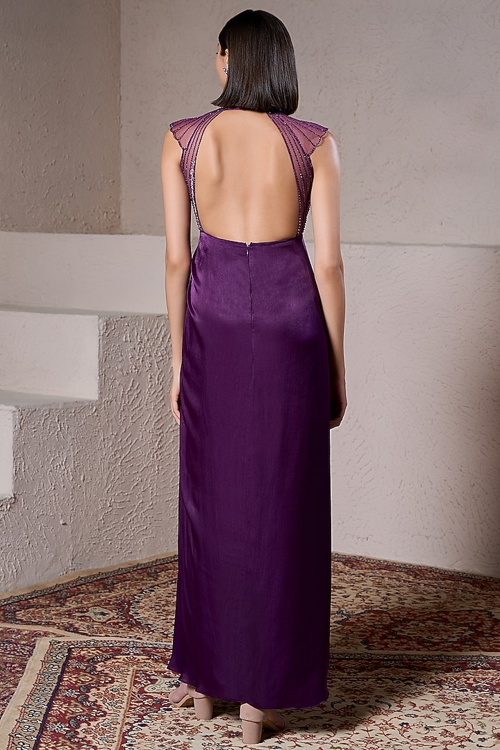 Purple Georgette Satin Hand Embellished Engagement Gown by Parshya at Pernia's Pop Up Shop