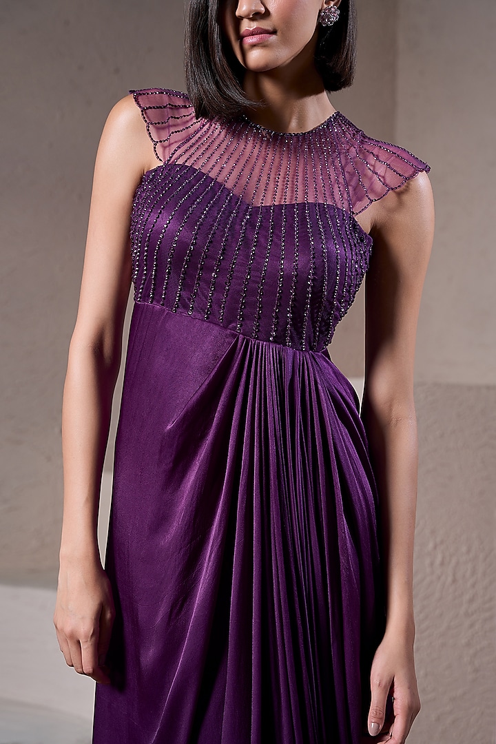 Purple Georgette Satin Hand Embellished Engagement Gown by Parshya at Pernia's Pop Up Shop