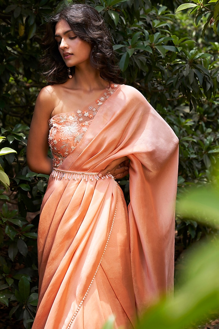 Orange Viscose Tissue Draped Wedding Saree Set by Parshya at Pernia's Pop Up Shop