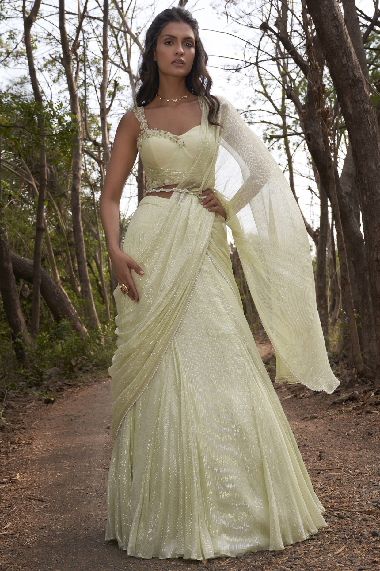 Lime Silver & Gold Viscose Chiffon Lurex Draped Wedding Saree Set by Parshya at Pernia's Pop Up Shop