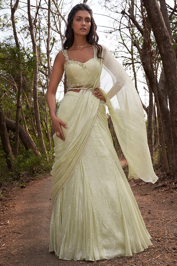 Lime Silver & Gold Viscose Chiffon Lurex Draped Wedding Saree Set by Parshya at Pernia's Pop Up Shop