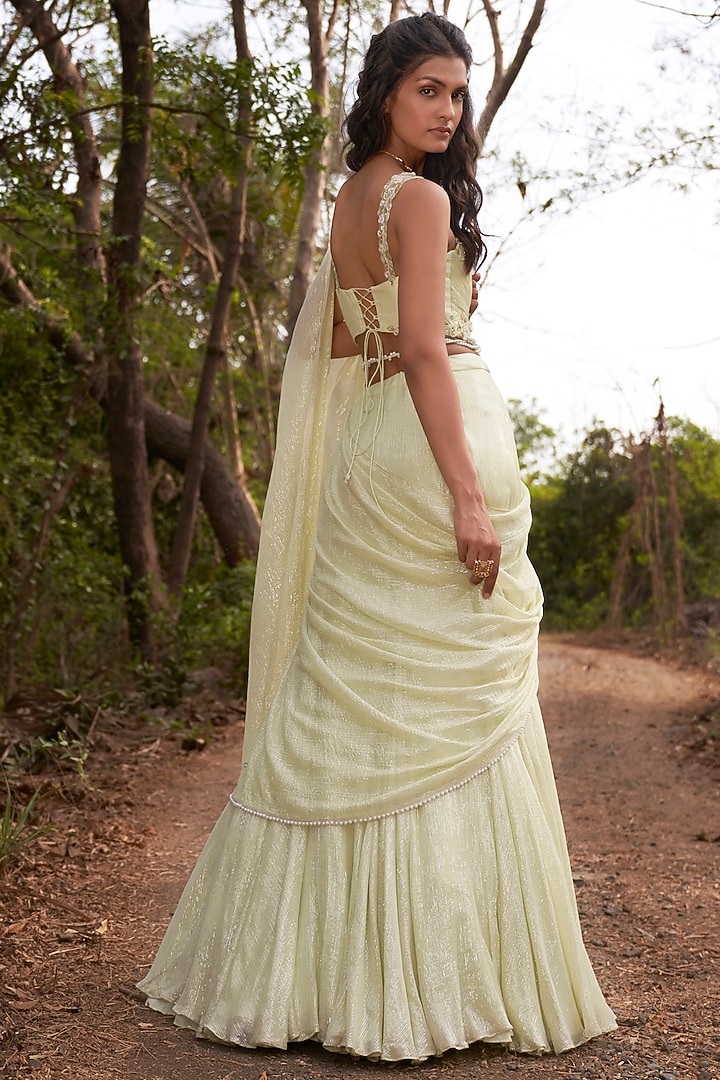 Lime Silver & Gold Viscose Chiffon Lurex Draped Wedding Saree Set by Parshya at Pernia's Pop Up Shop
