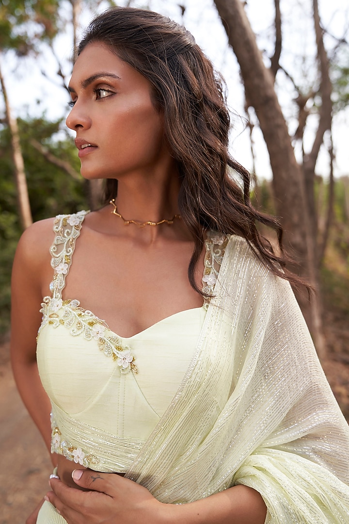 Lime Silver & Gold Viscose Chiffon Lurex Draped Wedding Saree Set by Parshya at Pernia's Pop Up Shop
