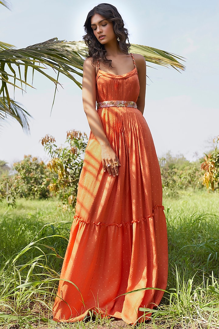 Orange Viscose Satin Jacquard Tiered Gown by Parshya