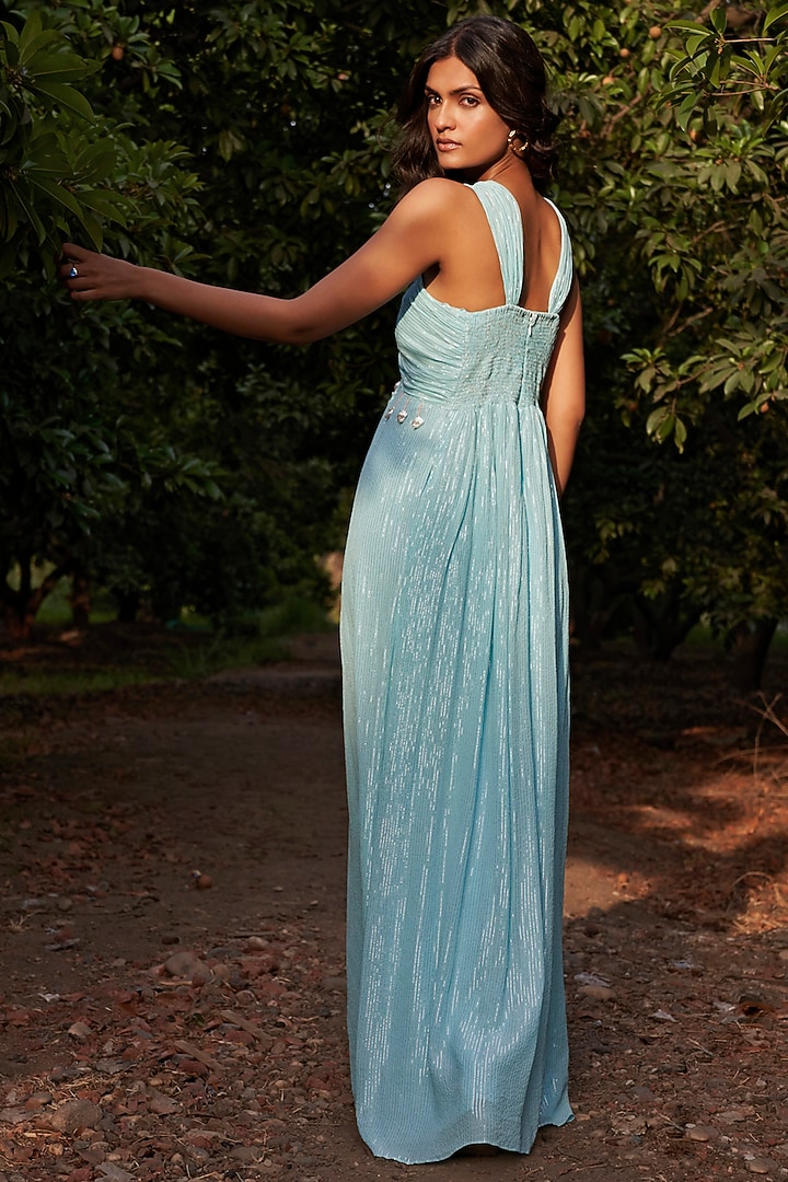 Aqua Viscose Chiffon Lurex Party Wear Gown by Parshya at Pernia's Pop Up Shop