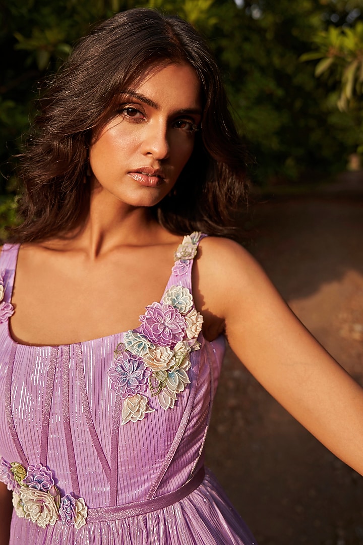 Purple Silver & Gold Viscose Chiffon Lurex Embellished Engagement Gown by Parshya at Pernia's Pop Up Shop