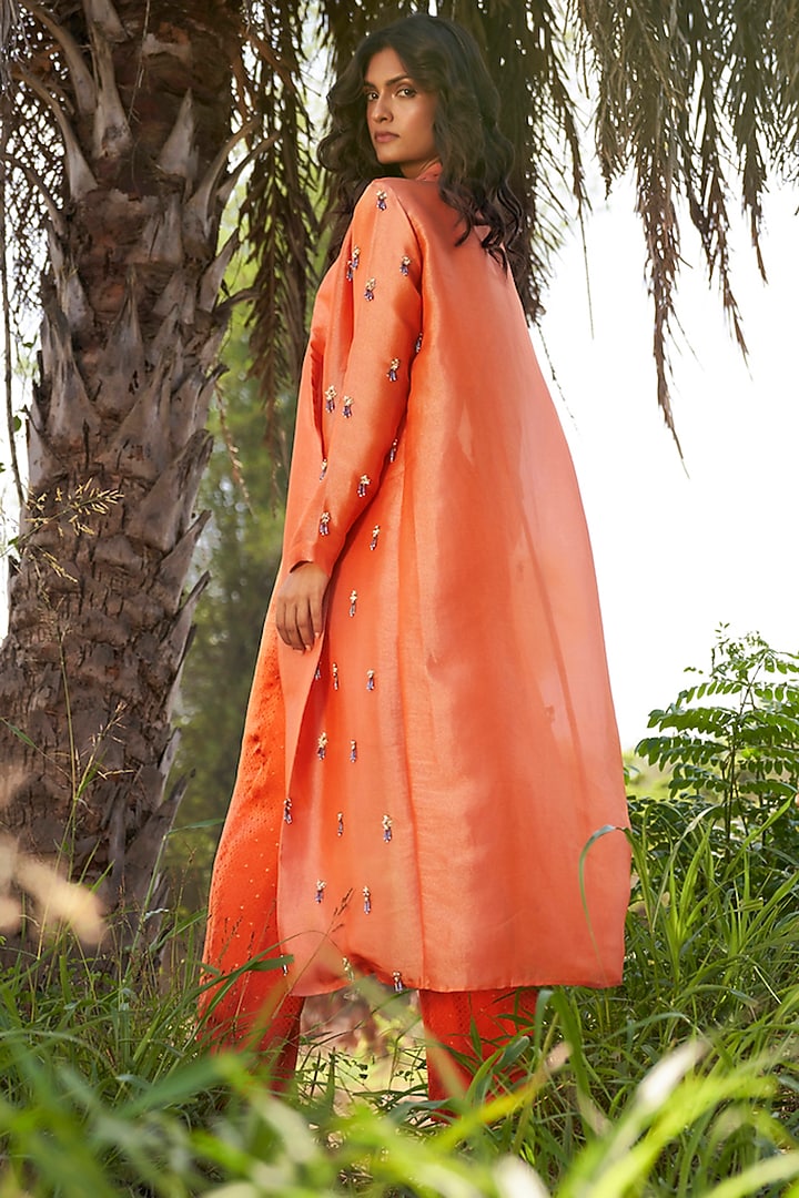 Orange Viscose Satin Jacquard Pant Set by Parshya at Pernia's Pop Up Shop