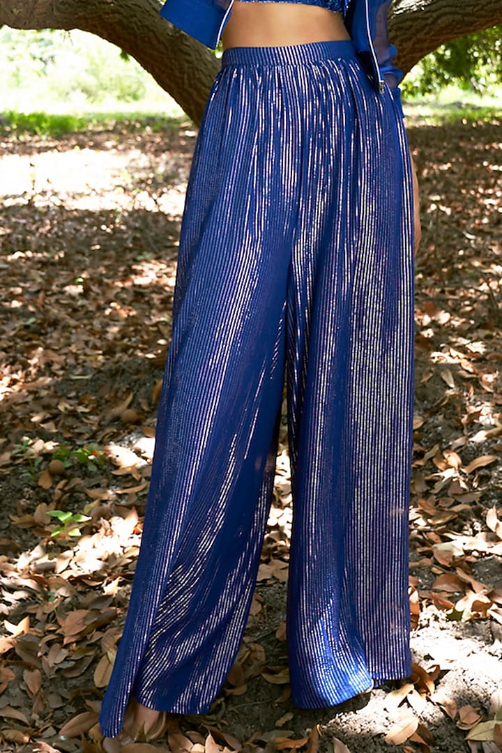 Dark Blue Viscose Chiffon Lurex Pant Set by Parshya at Pernia's Pop Up Shop