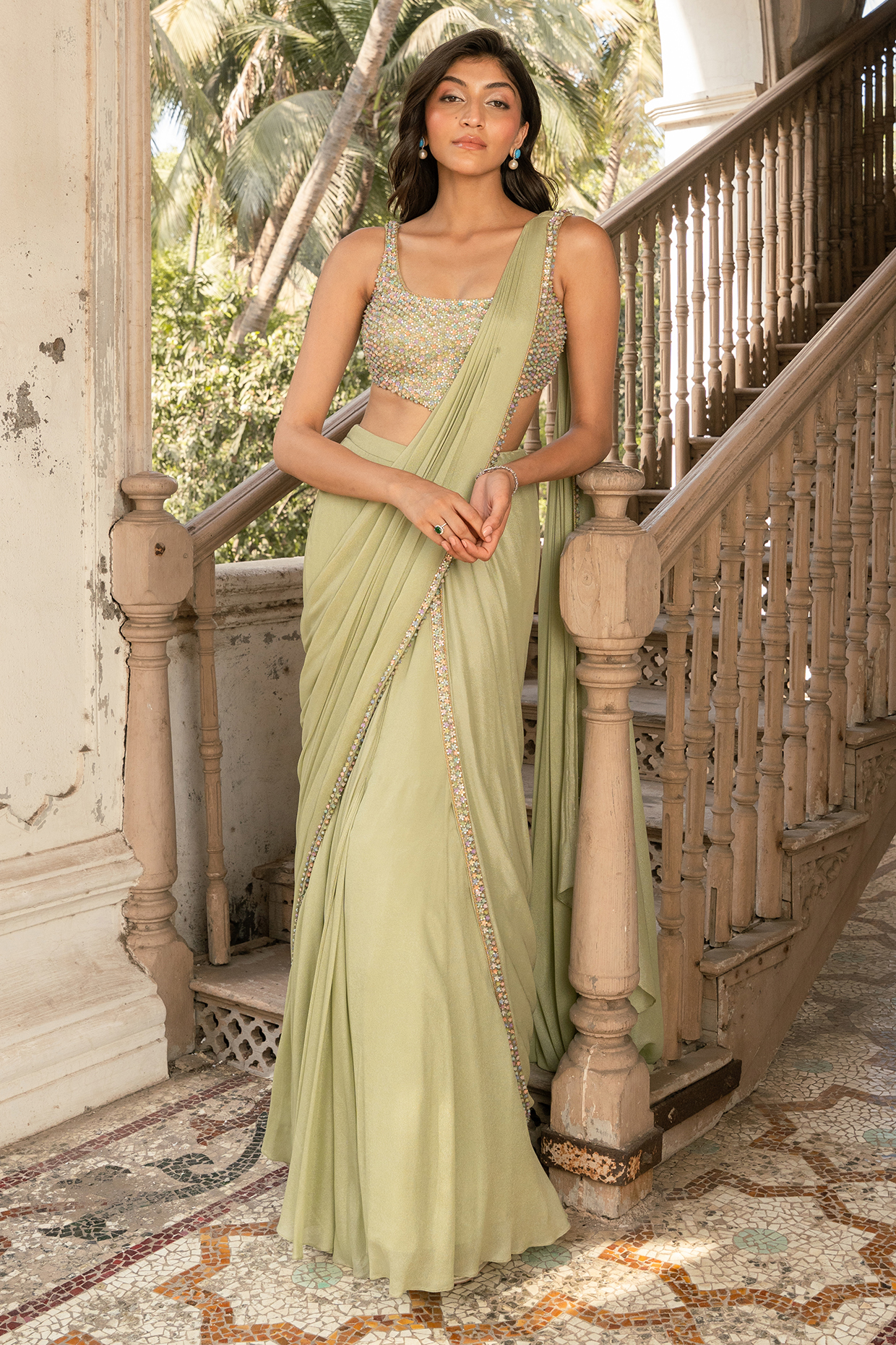 Sage Green Viscose Crepe Georgette Fish-Cut Pre-Draped Wedding Saree Set by Parshya at Pernia's Pop Up Shop