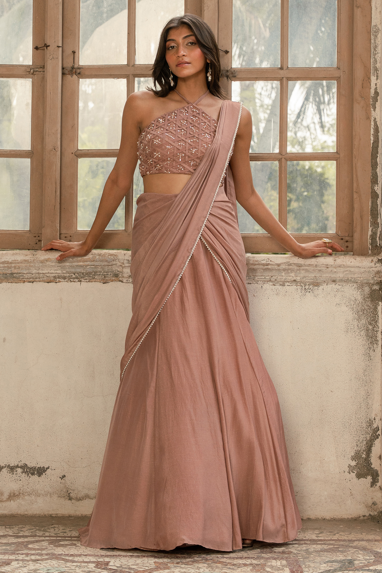 Mauve Viscose Shimmer Satin Fish-Cut Pre-Draped Wedding Saree Set by Parshya at Pernia's Pop Up Shop