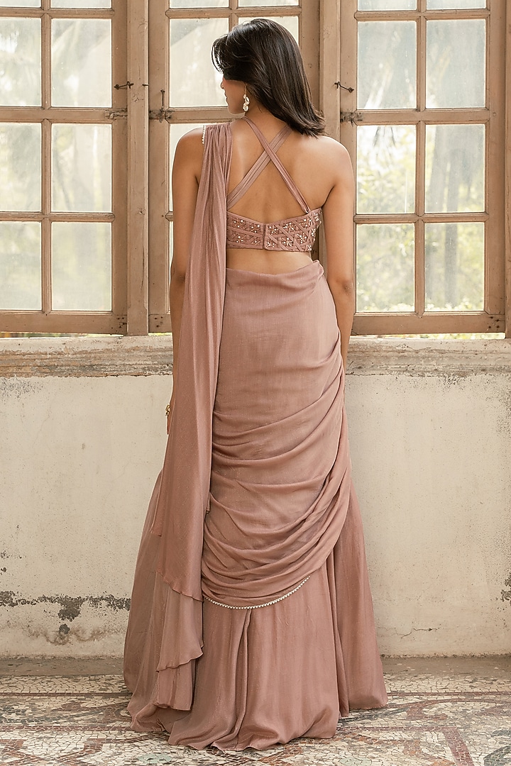 Mauve Viscose Shimmer Satin Fish-Cut Pre-Draped Wedding Saree Set by Parshya at Pernia's Pop Up Shop