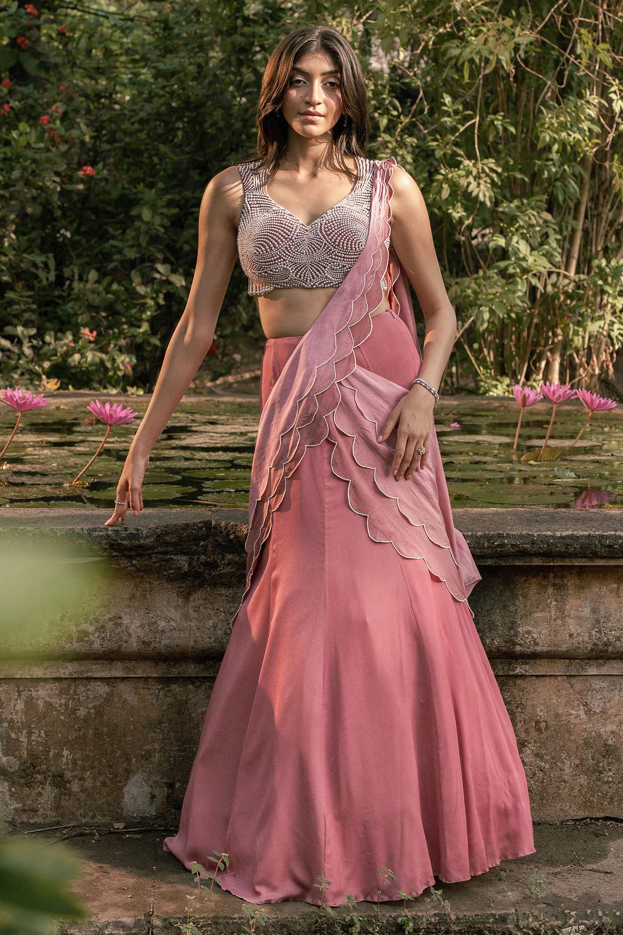 Onion Pink Viscose Crepe Georgette Pre-Draped Wedding Saree Set by Parshya at Pernia's Pop Up Shop