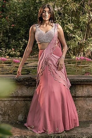 Onion Pink Viscose Crepe Georgette Pre-Draped Saree Set by Parshya
