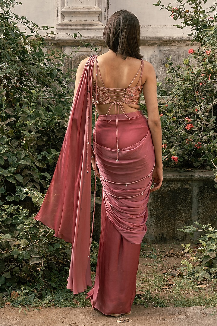 Onion Pink Viscose Georgette Satin Pre-Draped Wedding Saree Set by Parshya at Pernia's Pop Up Shop