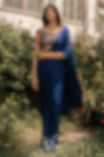 Royal Blue Viscose Crepe Georgette Pre-Draped Skirt Wedding Saree Set by Parshya at Pernia's Pop Up Shop