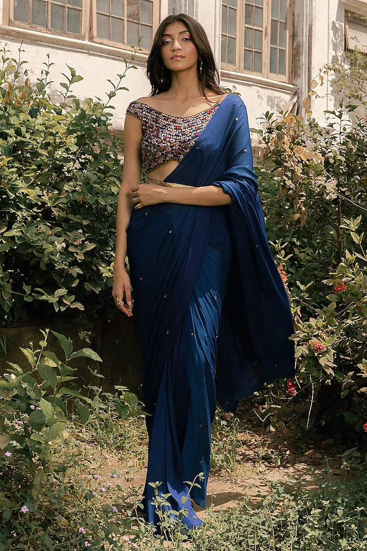 Royal Blue Viscose Crepe Georgette Pre-Draped Skirt Wedding Saree Set by Parshya at Pernia's Pop Up Shop