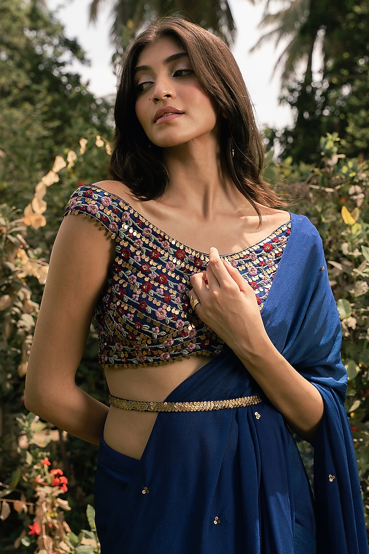 Royal Blue Viscose Crepe Georgette Pre-Draped Skirt Wedding Saree Set by Parshya at Pernia's Pop Up Shop
