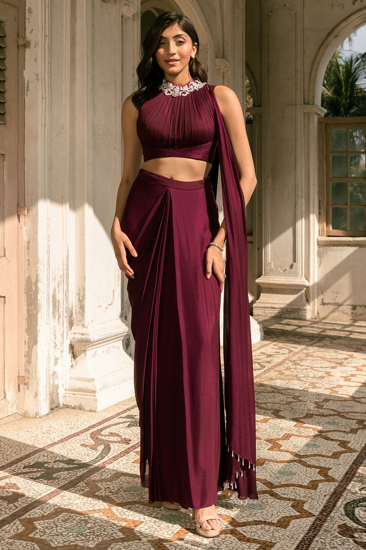 Maroon Viscose Crepe Georgette Pre-Draped Party Wear Saree Set by Parshya at Pernia's Pop Up Shop