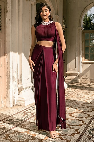 Maroon Viscose Crepe Georgette Pre-Draped Saree Set by Parshya