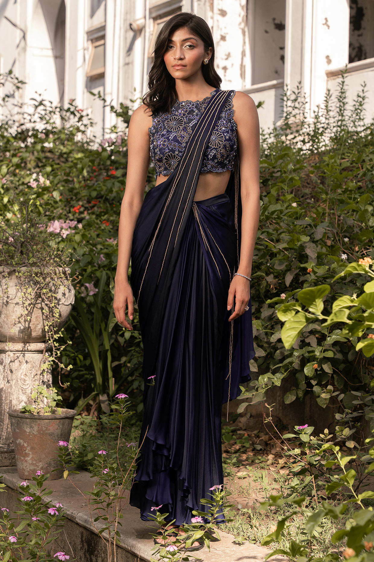 Midnight Blue Viscose Georgette Satin Pre-Draped Wedding Saree Set by Parshya at Pernia's Pop Up Shop