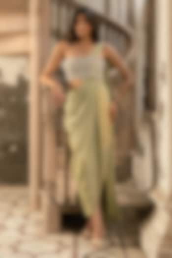 Sage Green Banarasi Dot Satin Pearl Embellished Engagement Gown Saree by Parshya at Pernia's Pop Up Shop