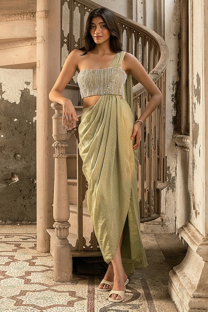 Sage Green Banarasi Dot Satin Pearl Embellished Engagement Gown Saree by Parshya at Pernia's Pop Up Shop