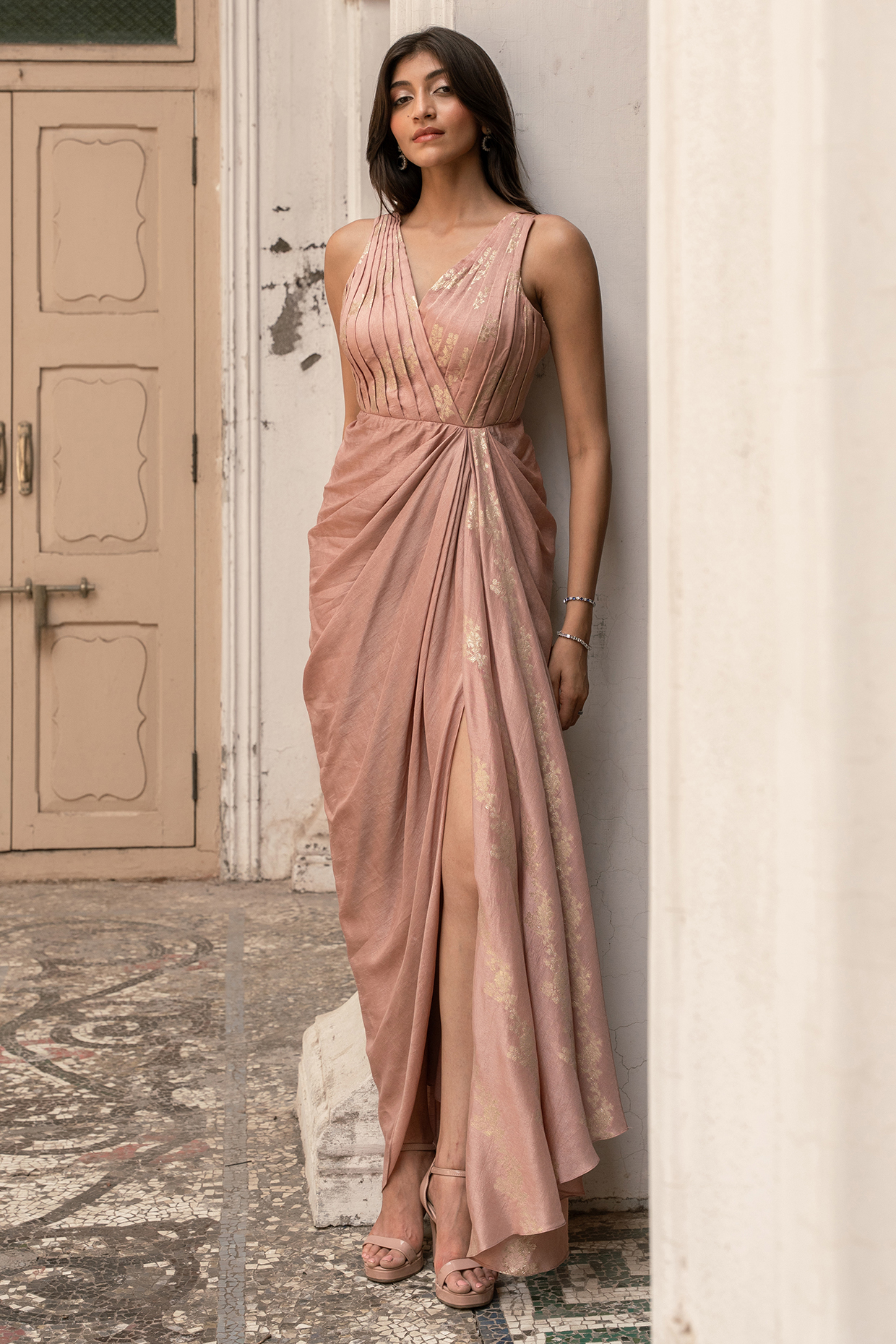 Mauve Banarasi Silk Draped Party Wear Gown by Parshya at Pernia's Pop Up Shop