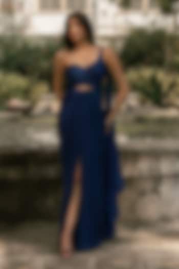 Royal Blue Banarasi Silk Party Wear Gown Saree by Parshya at Pernia's Pop Up Shop