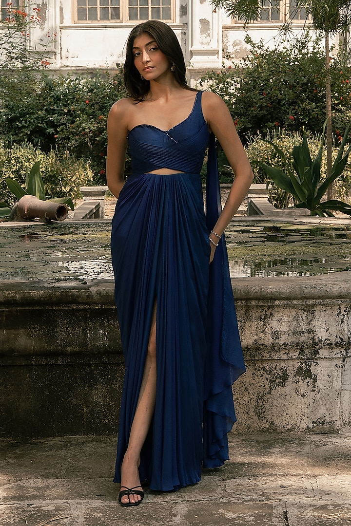 Royal Blue Banarasi Silk Party Wear Gown Saree by Parshya at Pernia's Pop Up Shop