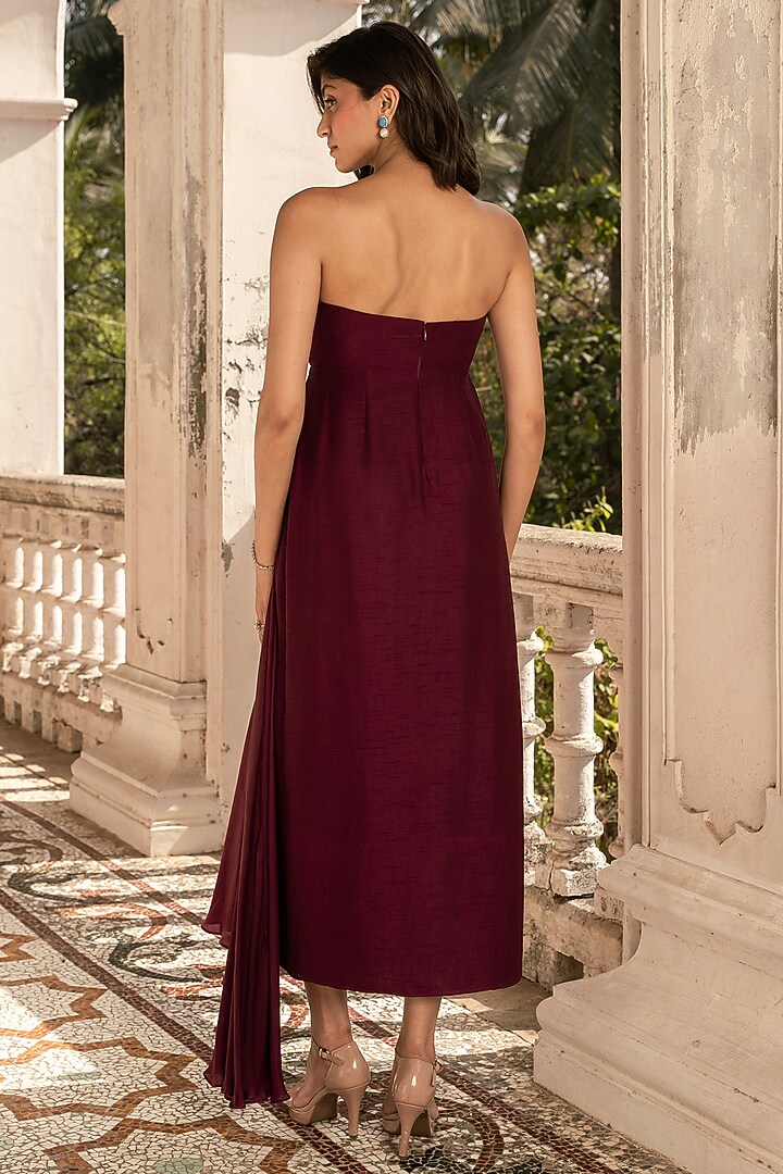 Maroon Silk Draped Tube Party Wear Gown by Parshya at Pernia's Pop Up Shop