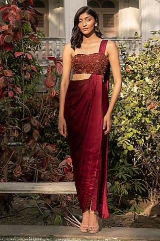 Maroon Viscose Flat Silk Floral Embellished Gown Saree by Parshya