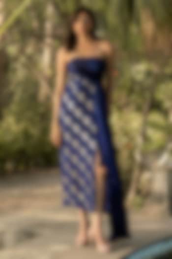 Midnight Blue Banarasi Silk Draped Tube Party Wear Gown by Parshya at Pernia's Pop Up Shop