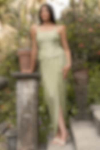 Sage Green Banarasi Silk Jacquard Draped Skirt Set by Parshya at Pernia's Pop Up Shop