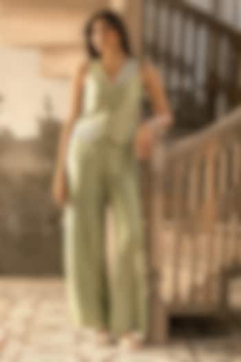 Sage Green Viscose Flat Silk Floral Applique Embellished Co-Ord Set by Parshya at Pernia's Pop Up Shop