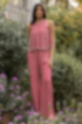 Onion Pink Pure Silk Organza Pearl Embellished Co-Ord Set by Parshya at Pernia's Pop Up Shop